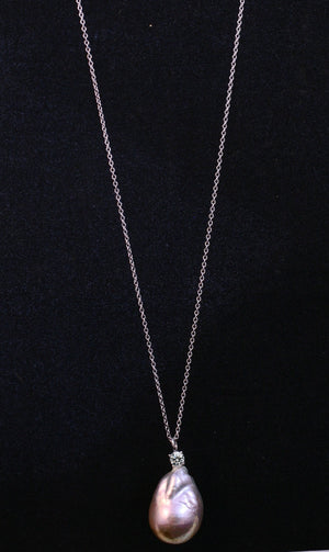 Necklace Pendant Large Genuine Baroque Fresh water Pearl on 30'' Sterling Silver chain . LNK30P
