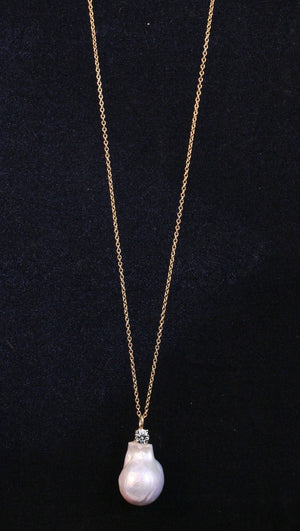 Necklace Pendant Large Genuine Baroque Fresh water Pearl on 30'' Sterling Silver chain . LNK30P