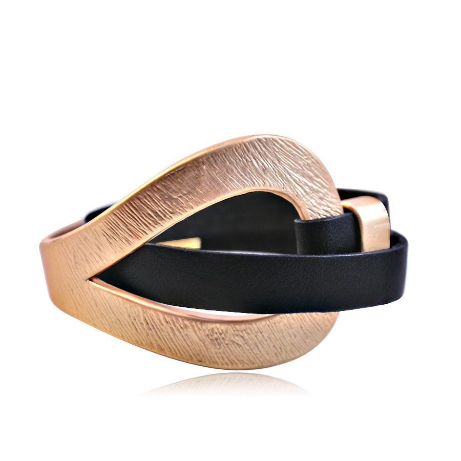Genuine leather wrap wristband bracelet featuring a brushed satin plated centered loop hole 688B4241