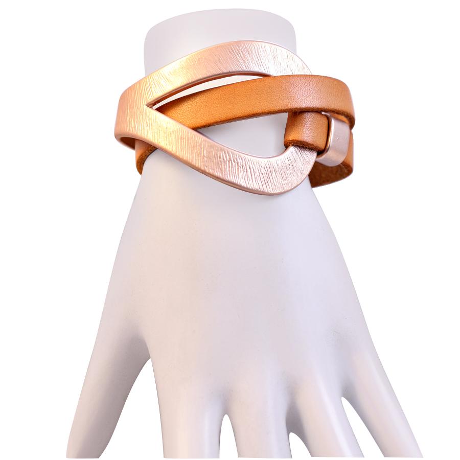 Genuine leather wrap wristband bracelet featuring a brushed satin plated centered loop hole 688B4241
