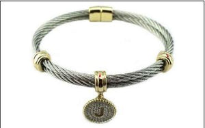 Two Tone Stainless Steel Cable Initial Charm Bracelet/Bangle. 500B