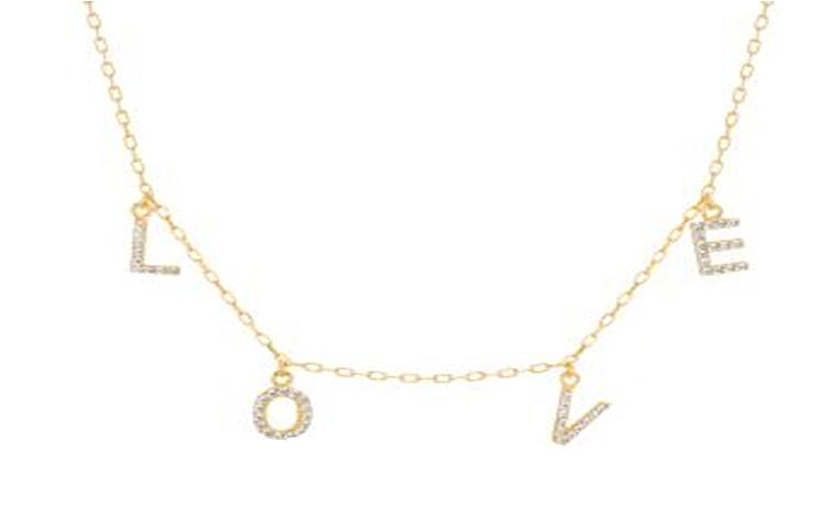 STERLING SILVER ZIRCONITE STATIONS  NECKLACE GOLD  "LOVE" CABLE CHAIN  