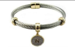 Two Tone Stainless Steel Cable Initial Charm Bracelet/Bangle. 500B