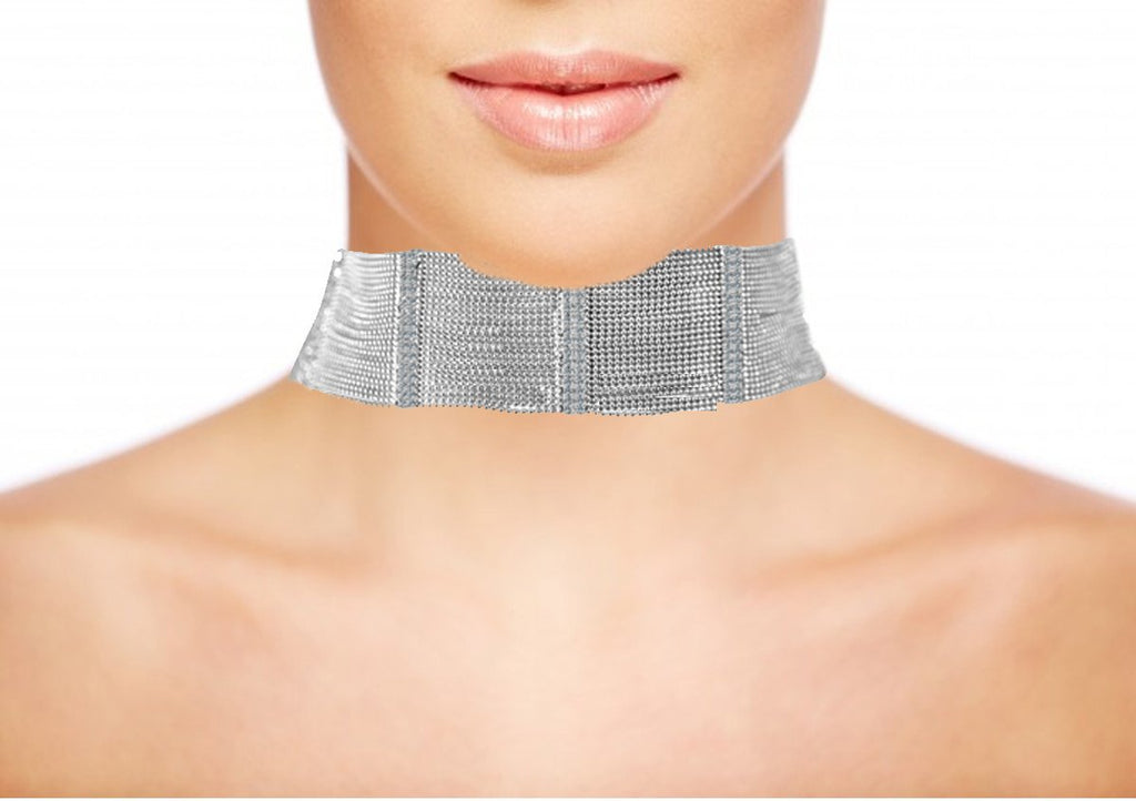 FINE CRYSTAL EMBEDDED BARS ON MULTI-BEADS CHAIN STRANDS CHOKER NECKLACE