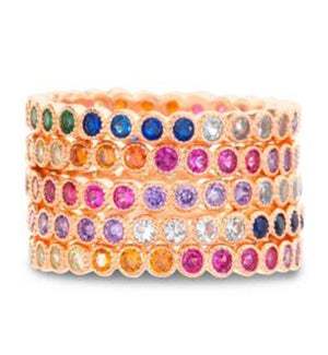SILVER MULTICOLORED RAINBOW CZ ROUND ETERNITY STACKABLE 5 PIECE RING SET