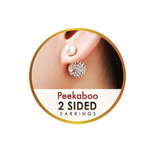 Close-up of an ear wearing zirconmania Earrings Classic Double sided peek-a-boo style pave ball and pearl 633E0588, featuring a small pearl in front and a larger sparkly pavé ball behind the earlobe. Text: Peekaboo 2 SIDED EARRINGS.