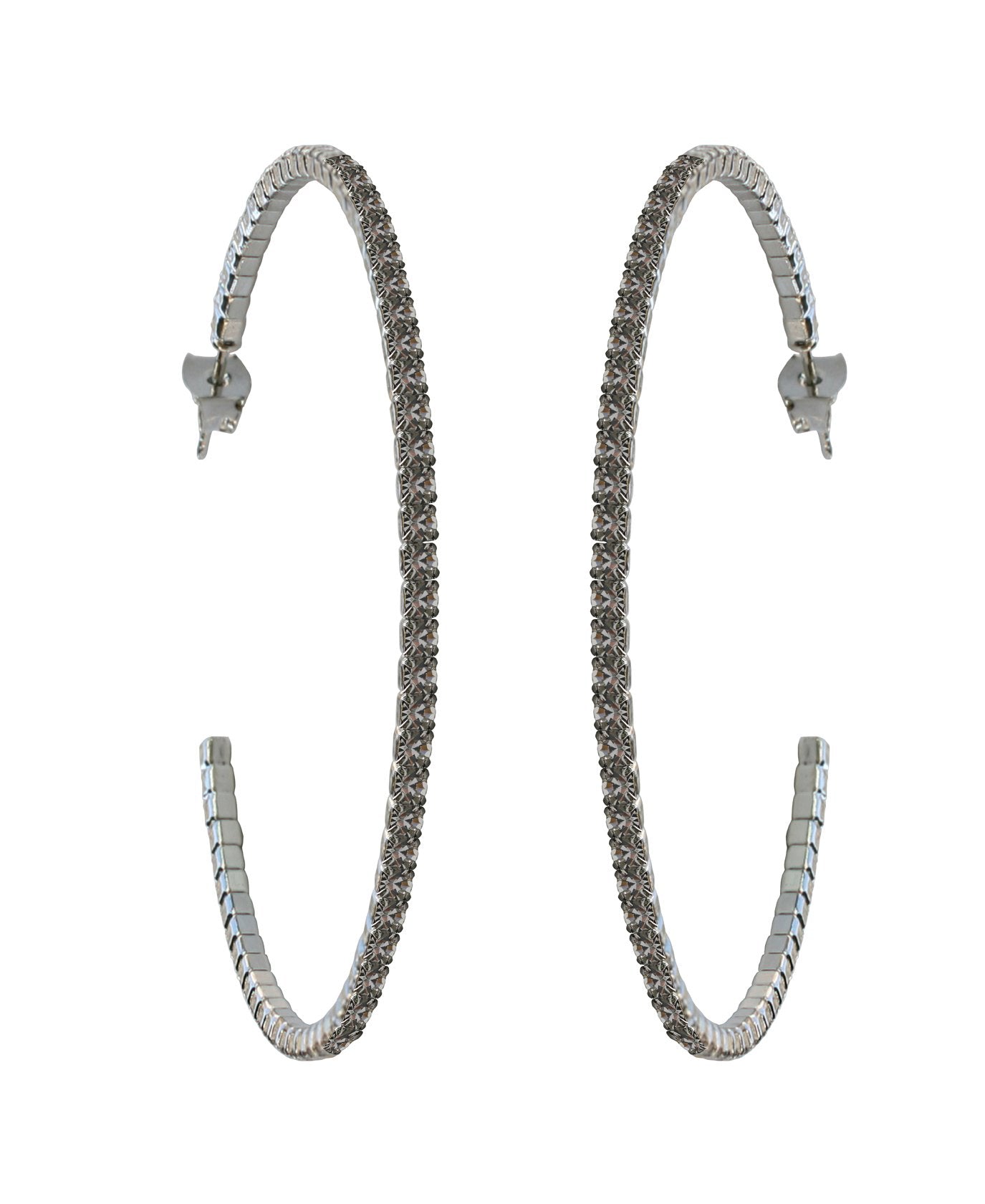 A pair of zirconmania Earrings 50MM HQ Crystals Hoop (637E14304), large silver hoops electroplated for shine and adorned with sparkling Czech crystals along the edge, shown on a white background.