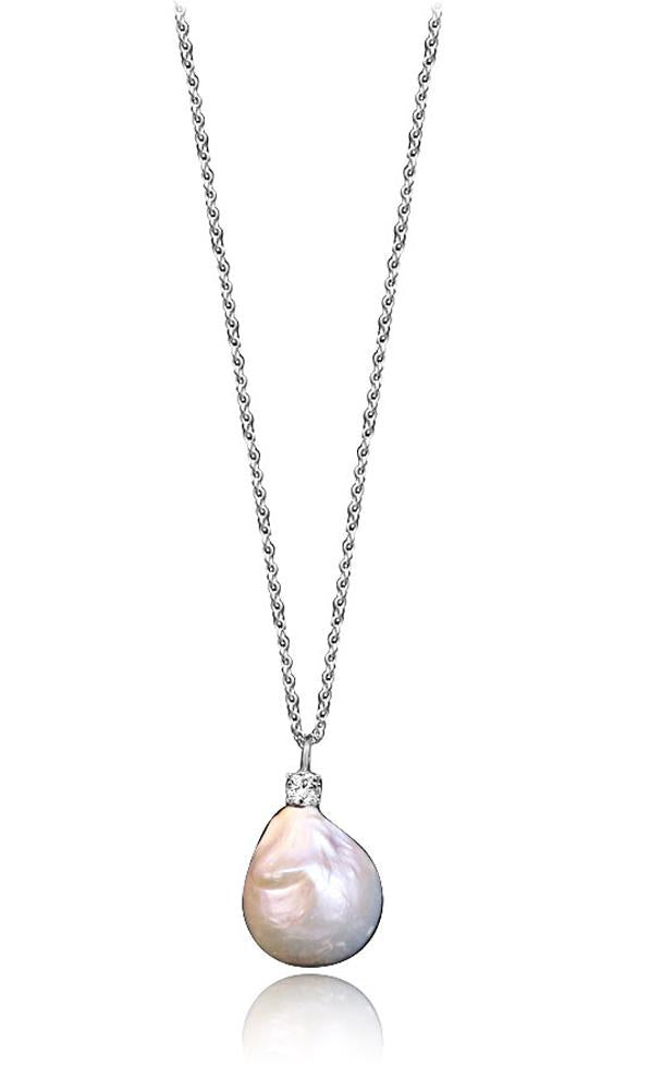 Zirconmania - Zirconite by the Yard Lariat Finished with Two Extra Large Genuine Baroque, Fresh Water Pearls Necklace, Lariat Rhodium Chain with White Pearls BZBYX36P