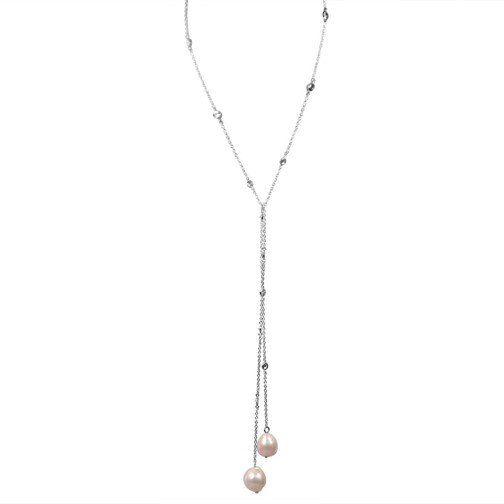 Zirconmania - Zirconite by the Yard Lariat Finished with Two Extra Large Genuine Baroque, Fresh Water Pearls Necklace, Lariat Rhodium Chain with Pink Pearls BZBYX36P