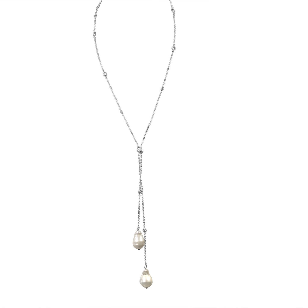 Zirconmania - Zirconite by the Yard Lariat Finished with Two Extra Large Genuine Baroque, Fresh Water Pearls Necklace, Lariat Rhodium Chain with White Pearls BZBYX36P