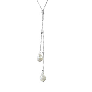 Zirconmania - Zirconite by the Yard Lariat Finished with Two Extra Large Genuine Baroque, Fresh Water Pearls Necklace, Lariat Rhodium Chain with White Pearls BZBYX36P