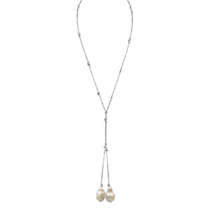 Zirconmania - Zirconite by the Yard Lariat Finished with Two Extra Large Genuine Baroque, Fresh Water Pearls Necklace, Lariat Rose Gold Chain with Pink Pearls - LNKX36P