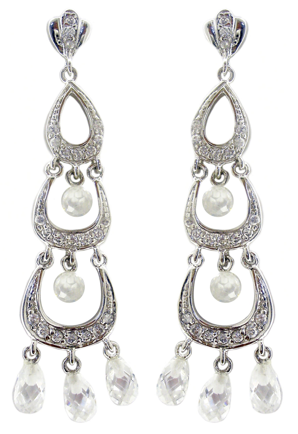 Three tier graduated half moon earrings with dangling crystal faceted glass stones STE150