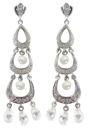 Zirconmanias Earrings Three tier graduated half moon S/S STE150 feature sterling silver, three-tiered half-moon frames with embedded rhinestones and dangling clear beads for a sparkling look.