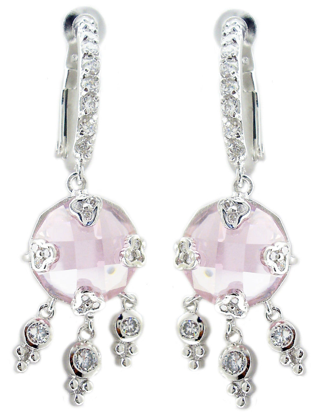 Zirconmanias Earring Pave Lever Back Color Cz with Pave Prongs (STE225) features large round pale pink stones, three dangling clear CZ gems per earring, and hoops adorned with sparkling clear crystals.