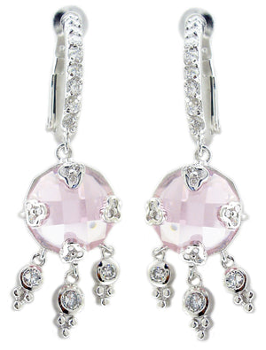 Zirconmanias Earring Pave Lever Back Color Cz with Pave Prongs (STE225) features large round pale pink stones, three dangling clear CZ gems per earring, and hoops adorned with sparkling clear crystals.