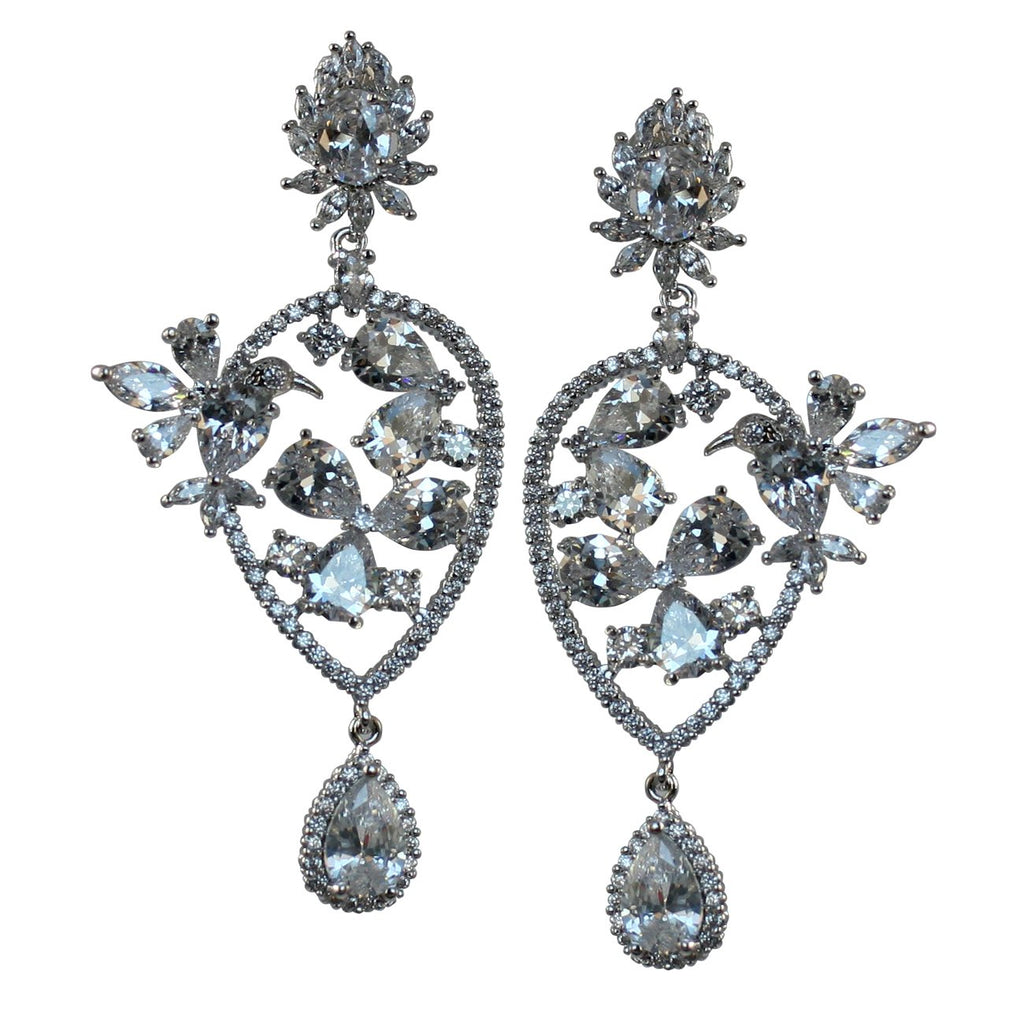 Earrings with Pear Shape Dangle and Humming Bird Design STE3515