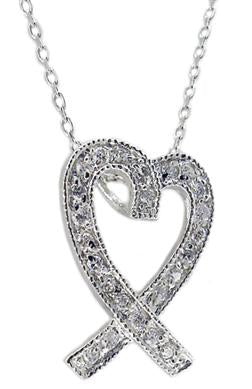 STERLING SILVER HEART PENDANT WITH CROSSED RIBBON ENDS EMBELLISHED WITH CUBIC ZIRCONIA STONES