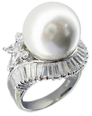 Ring  14mm Pearl Baguettes Marquise Cz Around Sterling silver Ring STR238