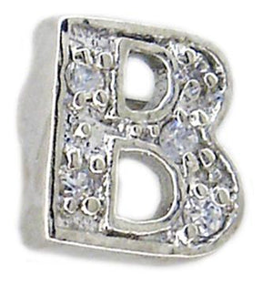 The zirconmania Earrings Alphabetic Mini Pave Block Letter S/S TE6338 feature a silver block letter design encrusted with small clear rhinestones, displayed against a white background.