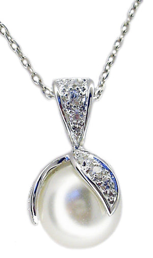 Pave Leaves with Pearl Pendant in S/S Rhodium