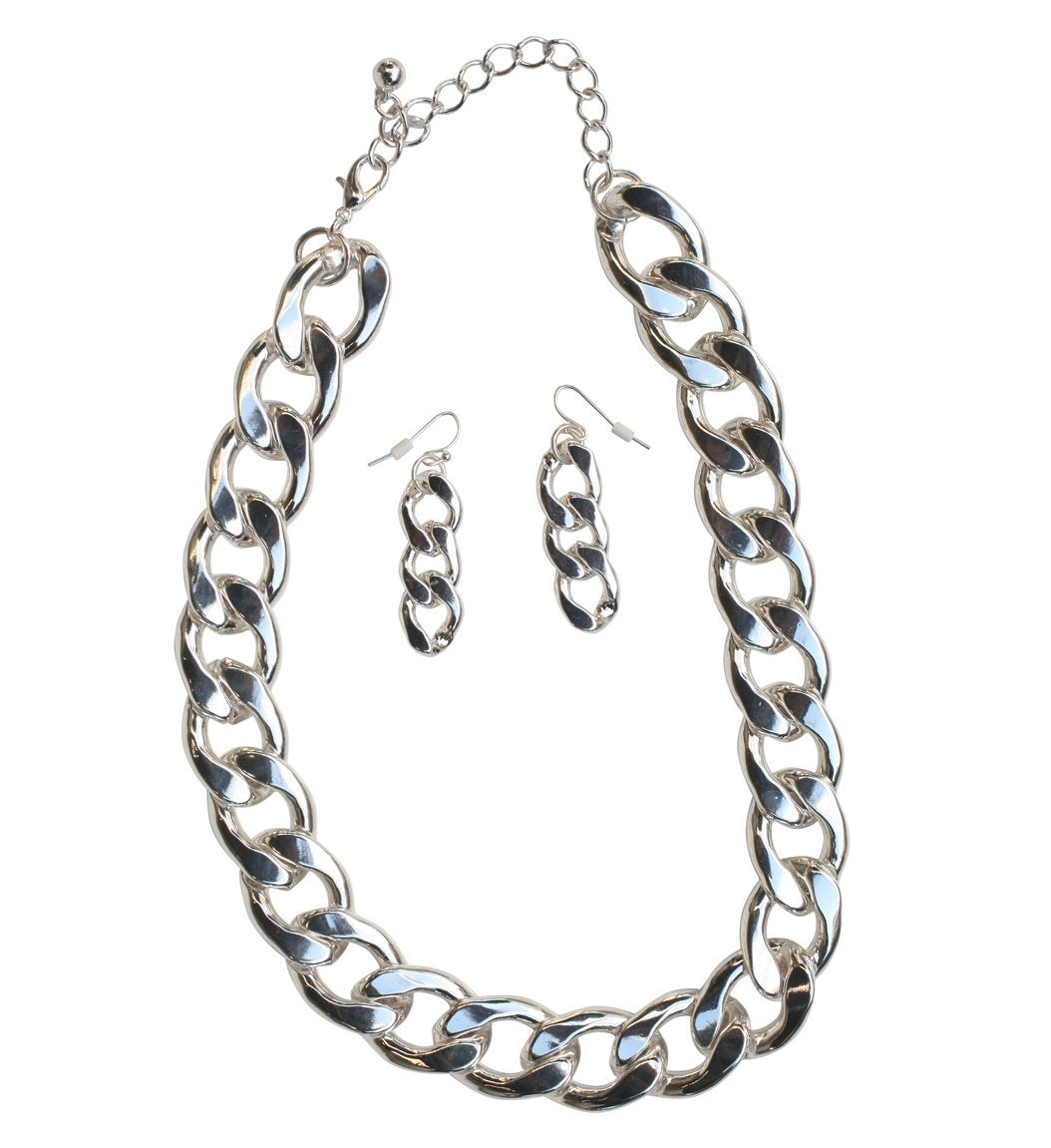 High Polished Silver Flat Curved Necklace with Matching Earrings