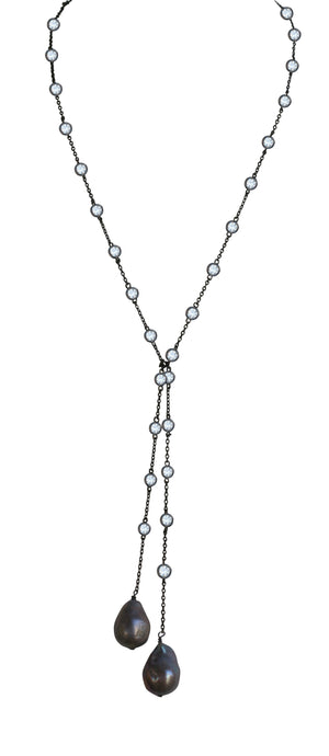36'' Zirconite by the Yard finished with two extra large genuine Baroque Fresh Water Pearls Necklace lariat
