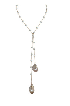 36'' Zirconite by the Yard finished with two extra large genuine Baroque Fresh Water Pearls Necklace lariat