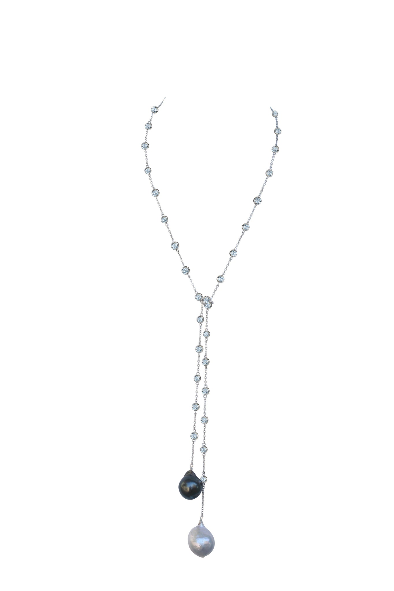 36'' Zirconite by the Yard finished with two extra large genuine Baroque Fresh Water Pearls Necklace lariat
